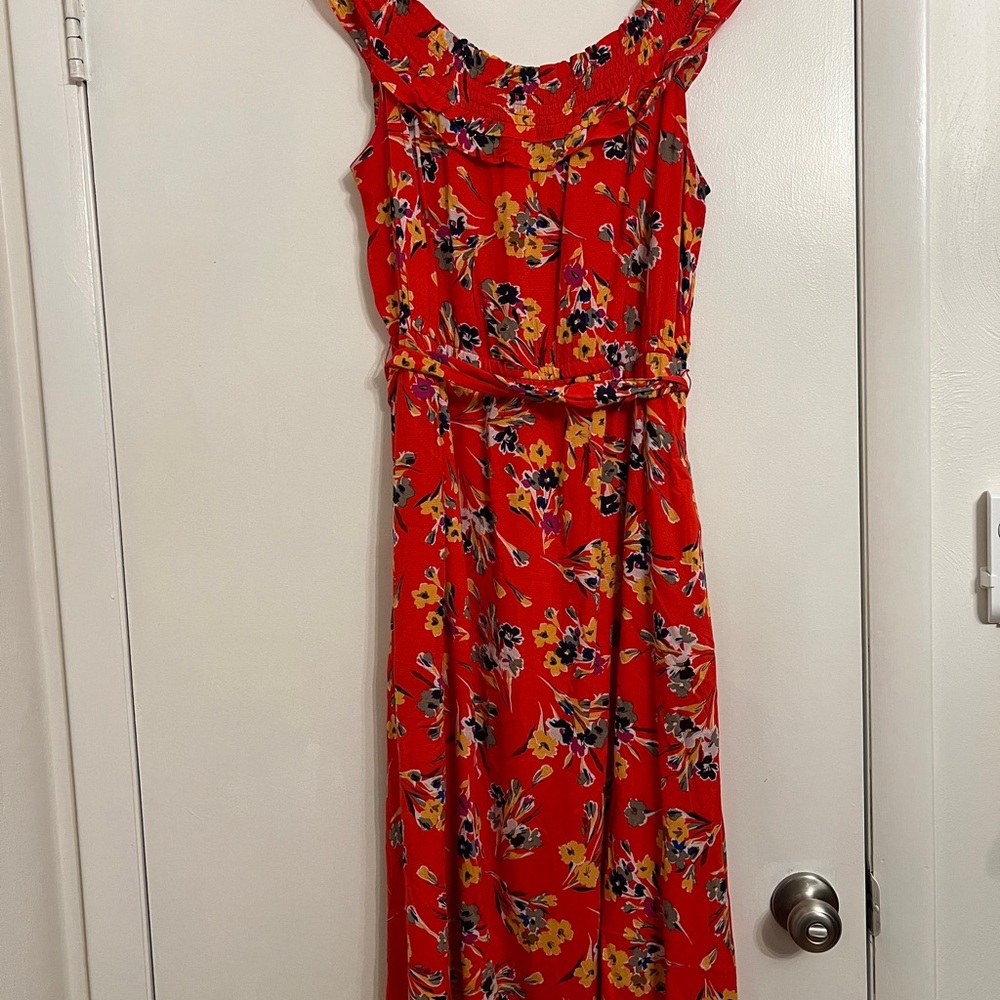 Anthropologie Vibrant Orange Red Lined Floral Midi Dress - Picture 2 of 7
